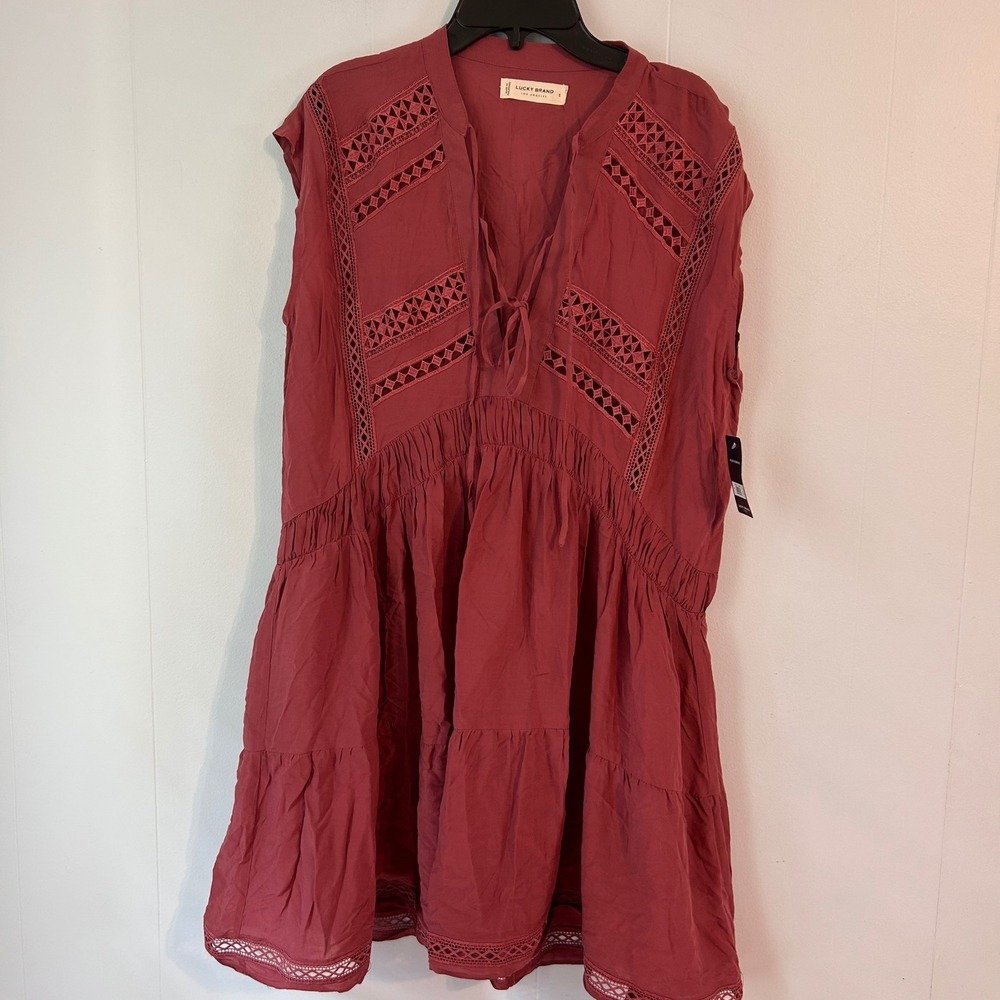 Lucky Brand Women Red Crochet Lace Tiered Sleeveless Mini Dress 7W92287 Small